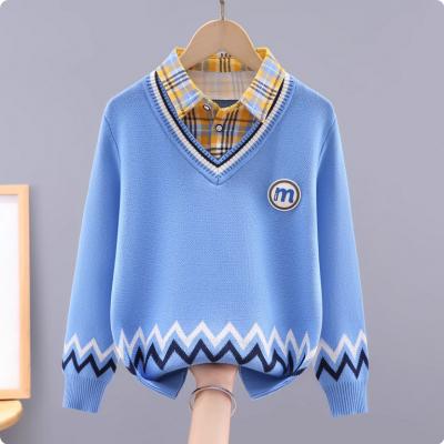 男童毛衣假两件2025新款秋冬儿童衬衫领针织衫纯棉中大童加绒打底