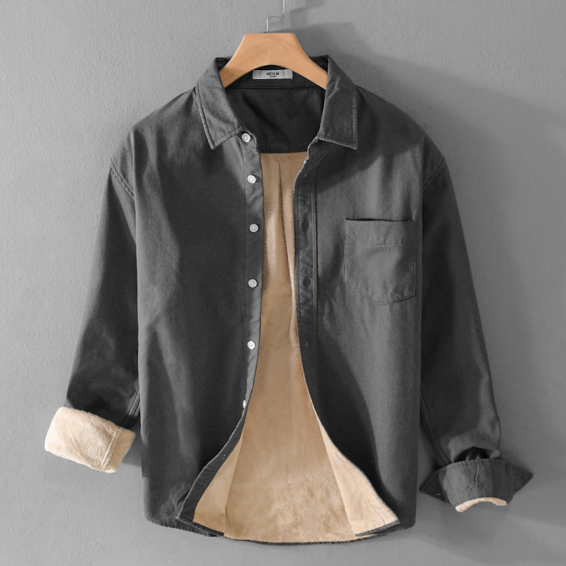 冬季新款加厚加绒长袖翻领休闲衬衫男士百搭宽松青年保暖衬衣外套