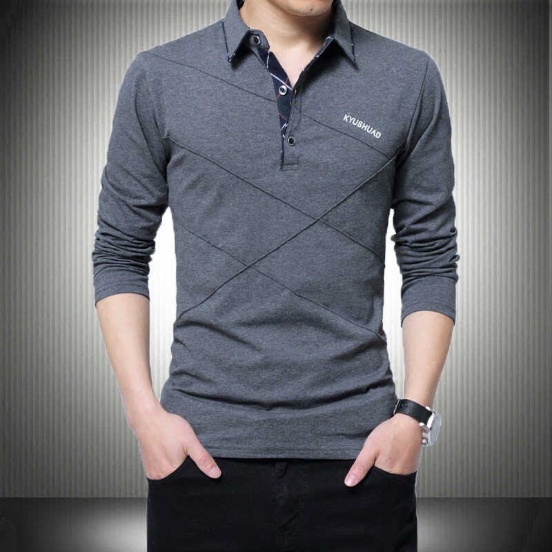 秋装男士体恤有领纯棉长袖T恤翻领加大码单穿修身上衣胖人打底衫