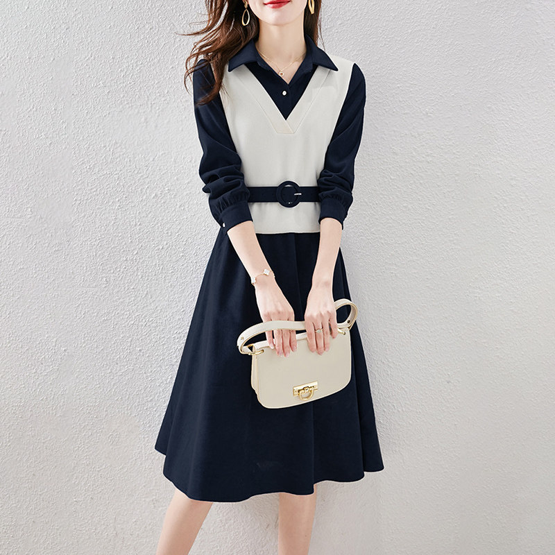 连衣裙女装春秋冬2025年新款爆款假两件小个子妈妈气质洋气中长款