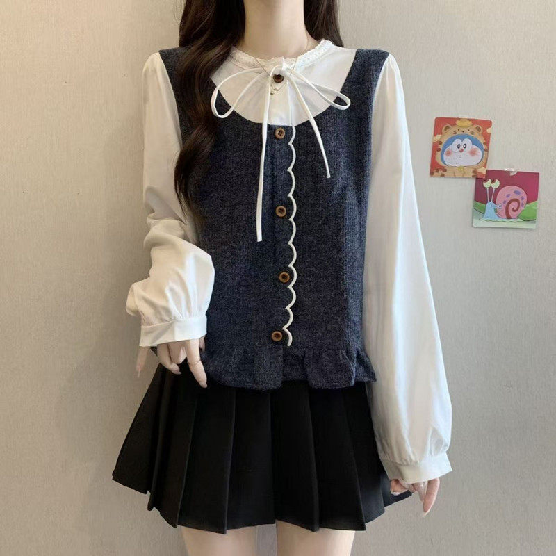 大码女装胖mm秋装新款打底衫假两件衬衫宽松遮肚上衣显瘦遮肉冬25