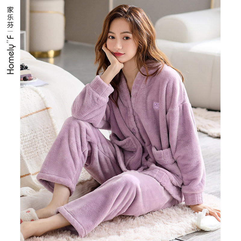 【抗静电】家乐芬睡衣女士秋冬款冬季法兰绒加绒加厚珊瑚绒家居服
