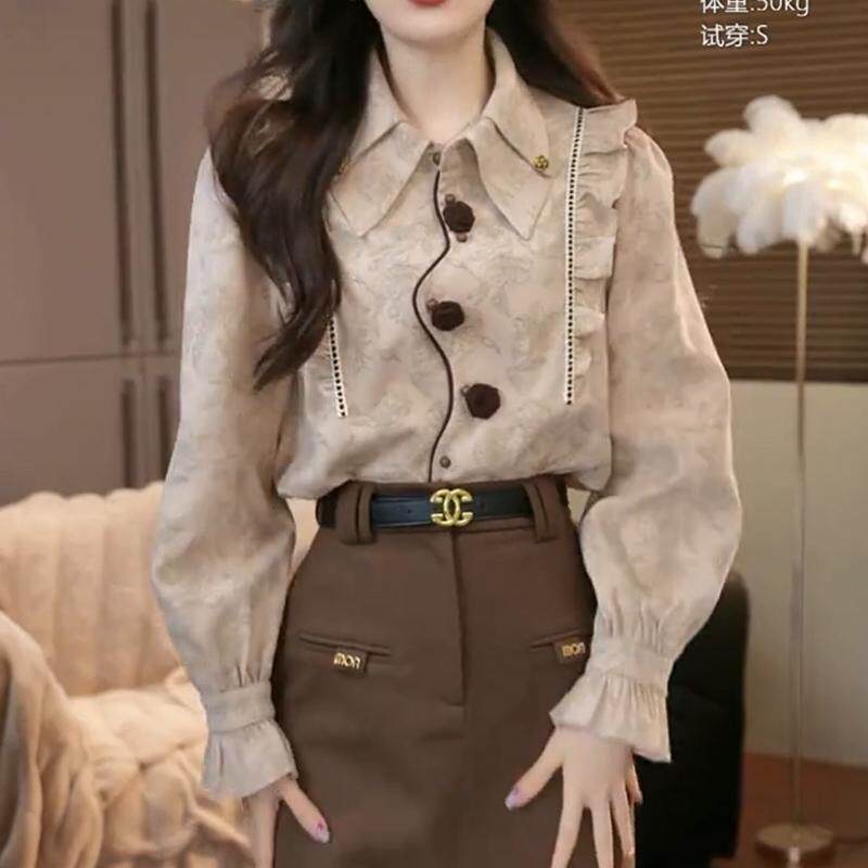 复古轻奢荷叶边衬衫女2025春季新款翻领长袖上衣宽松不规则衬