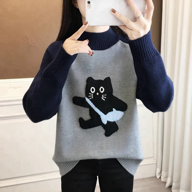 初中生半高领加厚毛衣少女秋冬内搭高中学生女大童加绒打底针织衫