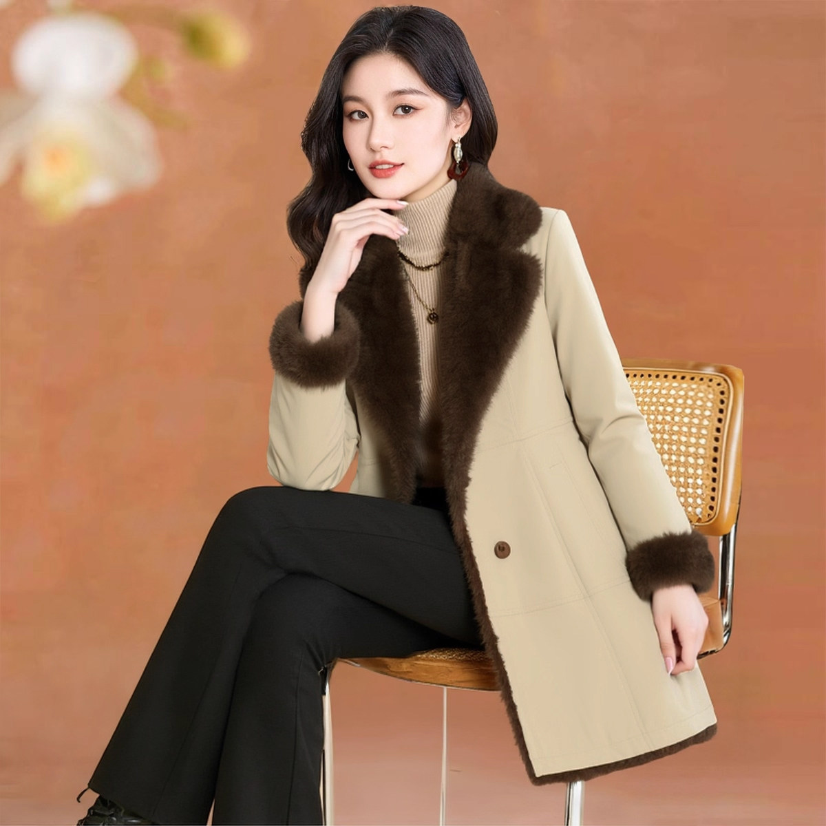 派克服皮毛一体外套女冬装高级感加绒加厚高端中长款皮草毛呢大衣