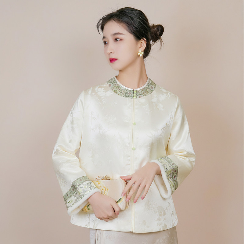 依山锦新中式国风宋锦桑蚕丝衬衫内搭外套棉袄刺绣夹棉上衣秋冬