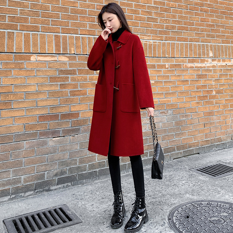 红色双面羊绒呢子大衣女中长款2025新款牛角扣小个子羊毛呢子